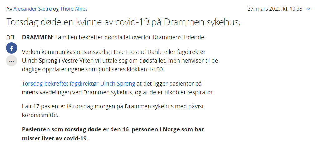 DRAMMEN: நோர்வேயில்16 வது கொரோனா மரணம்! 1